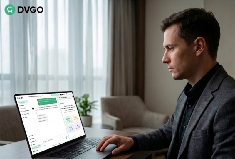 Buyer viewing procurement report on laptop in hotel room