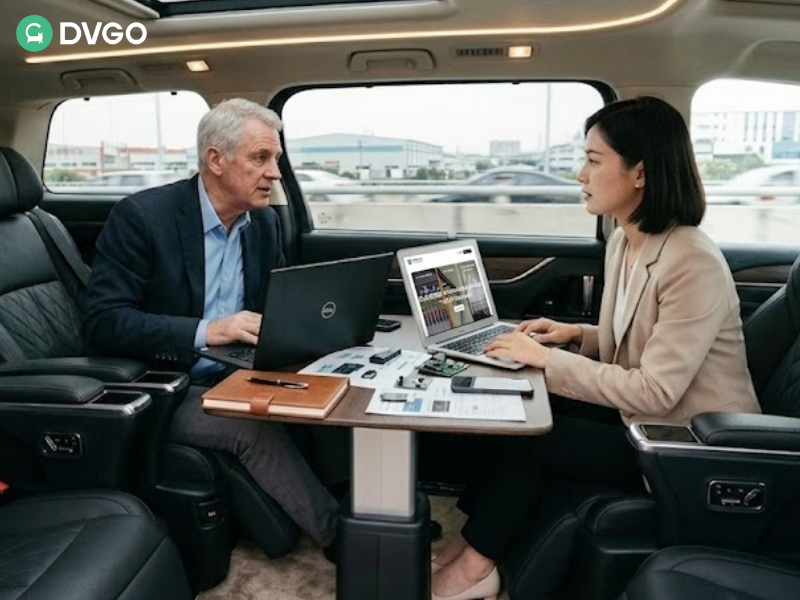 Business meeting in car with laptops and product samples in car
