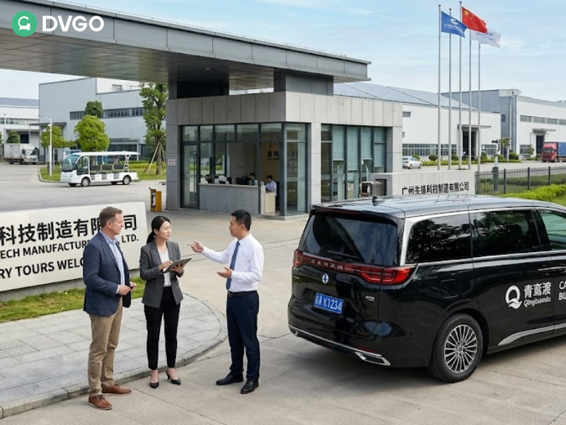 Men discussing GZ Advanced Tech Factory business in front of modern facility