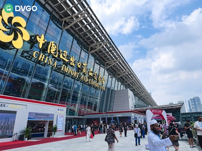 Canton Fair Complex Pazhou exterior view with international buyers entering