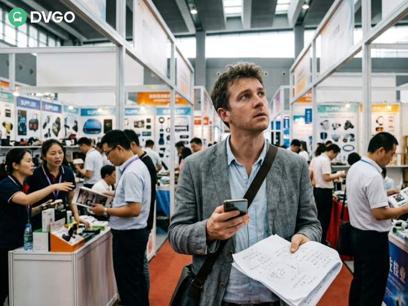 A foreign buyer looking overwhelmed while holding notes and a phone at Canton Fair