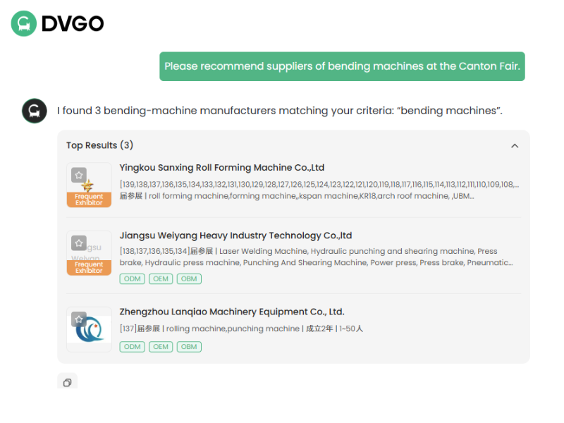 2026 Canton Fair Bending Machine Suppliers Search Results Page — DVGO Supplier Data Management System Screenshot