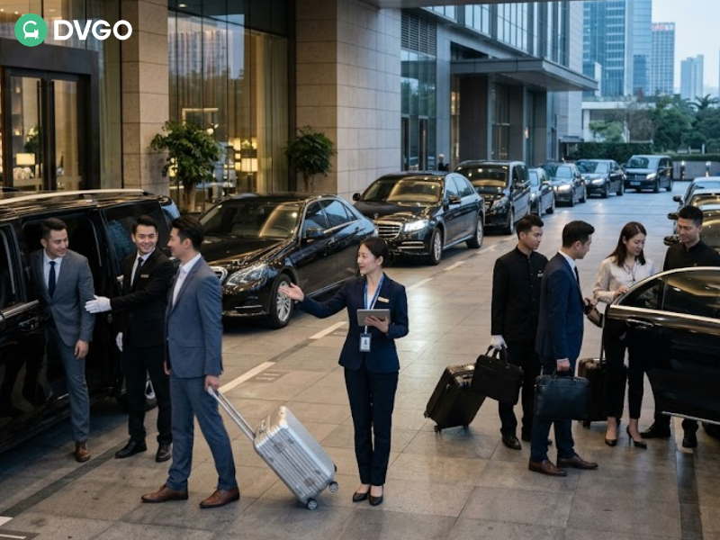 旅行协调员在广州酒店管理多位商务客户登上接送车辆前往广交会