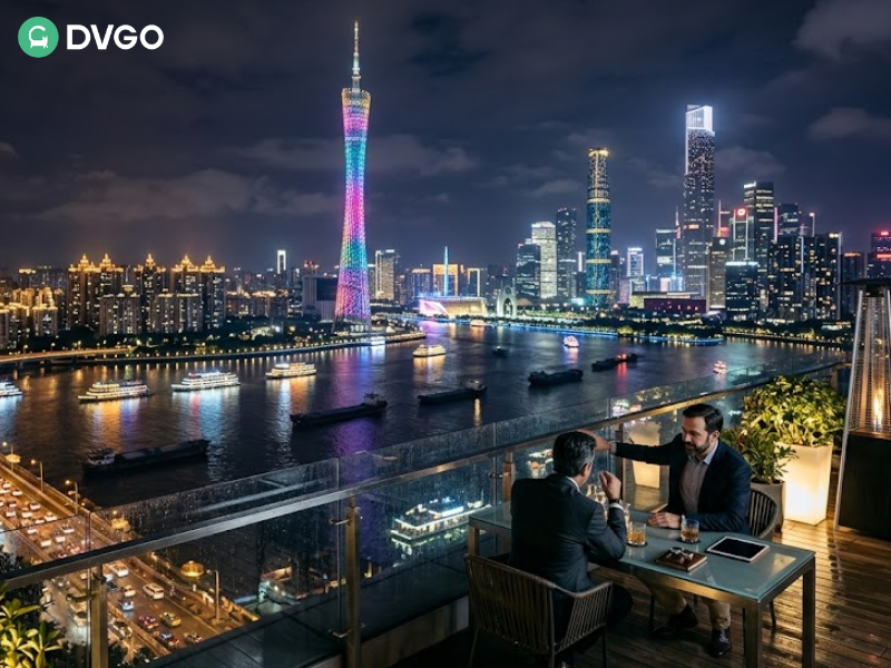 Guangzhou Tianhe night skyline showing business district lights after Canton Fair