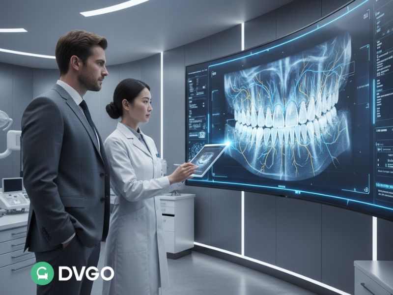 Dentist explaining 3D tooth scan on digital screen