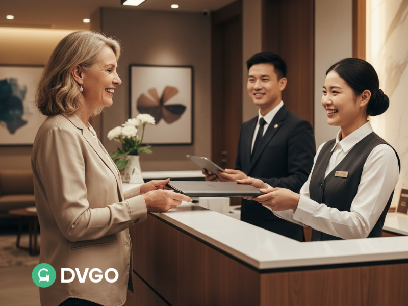 International patient at luxury dental reception desk