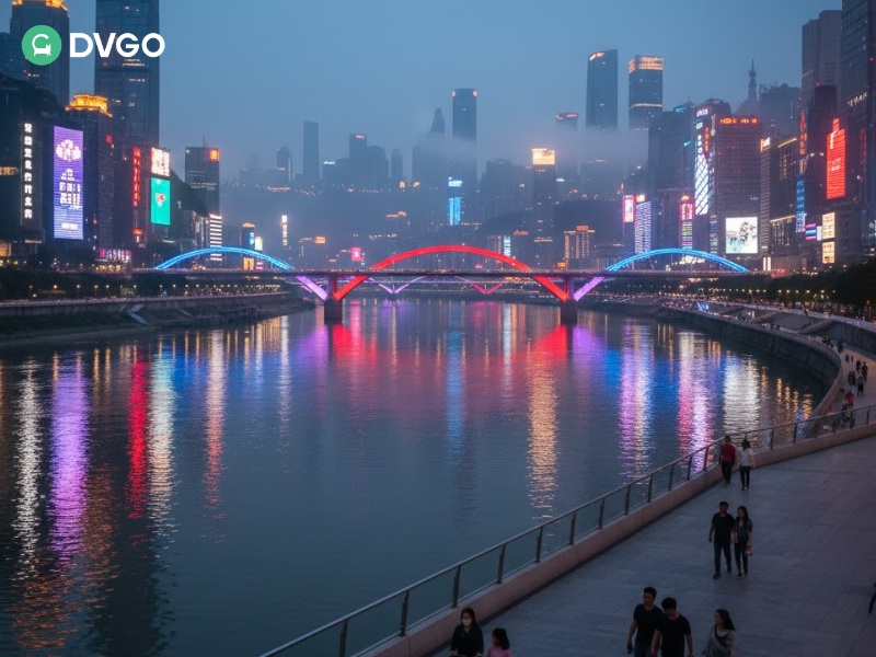 重庆江边璀璨夜景及灯光倒影