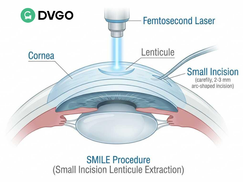 Diagram of SMILE eye surgery procedure showing laser and corneal incision steps