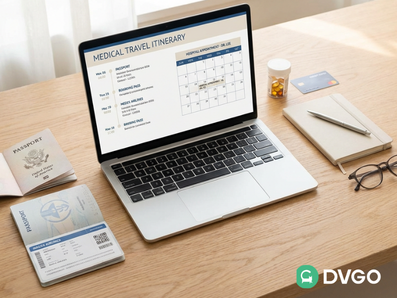 Laptop displaying DVGO AI platform for planning medical travel and SMILE eye surgery