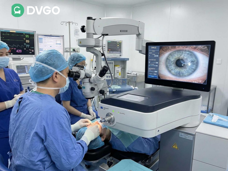 Ophthalmologist performing SMILE eye surgery using advanced laser equipment