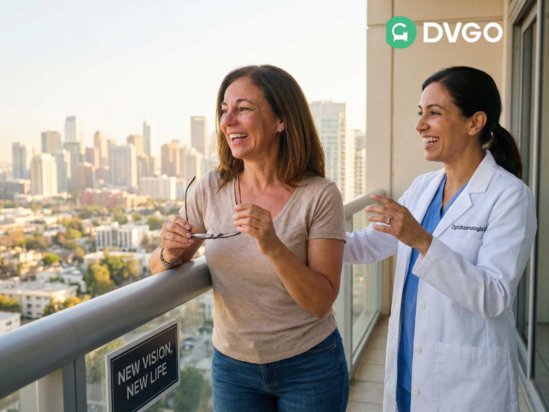 Patient consulting with ophthalmologist before SMILE eye surgery in a medical facilit