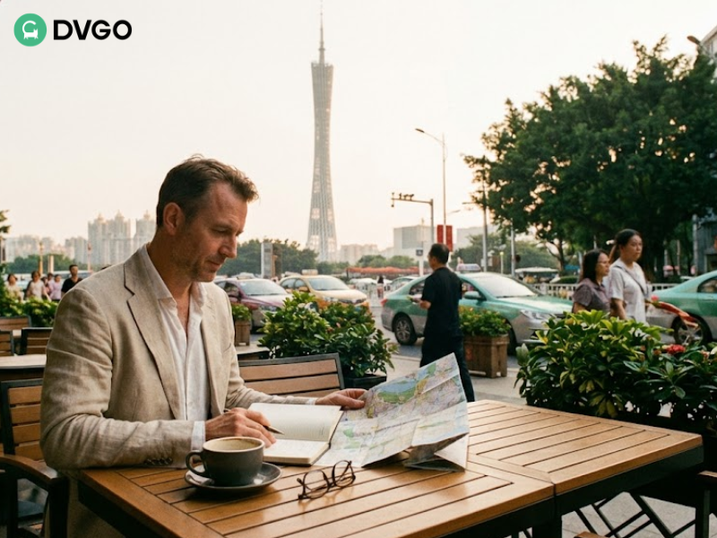 在广州咖啡馆规划广交会行程的海外买家