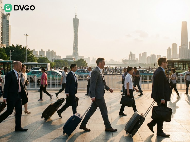 带行李抵达广州参加广交会的海外买家，背景为城市天际线