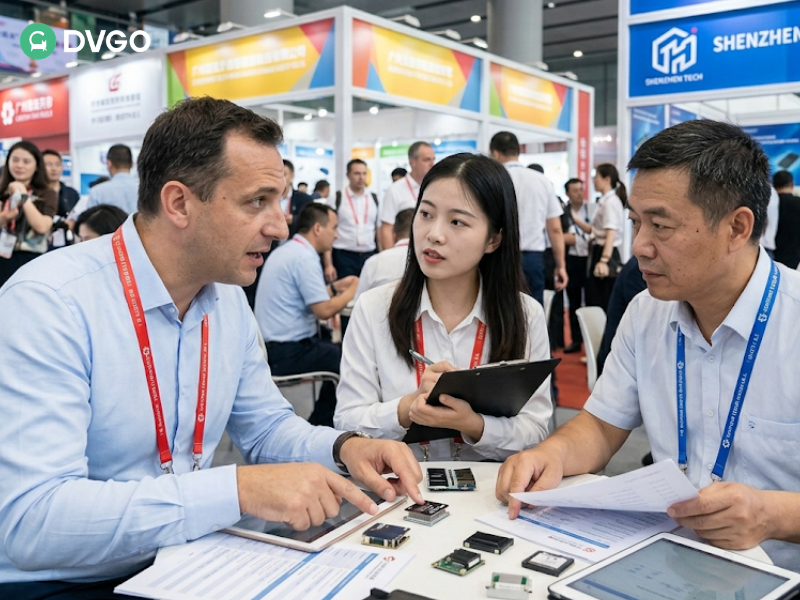 国际买家在广交会展位通过翻译与中国供应商会面