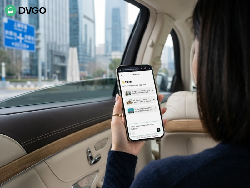 坐在汽车后座手持手机的人，展示 DVGO AI 界面