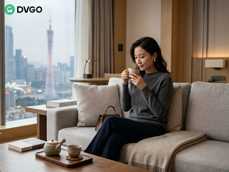 女子在拥有城市景观的酒店房间内喝茶