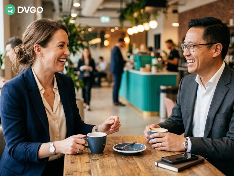Two business professionals smiling and having a relaxed conversation