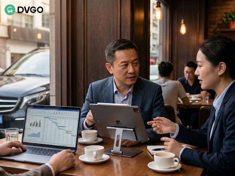 在咖啡馆进行商务讨论（配备笔记本电脑和平板电脑）