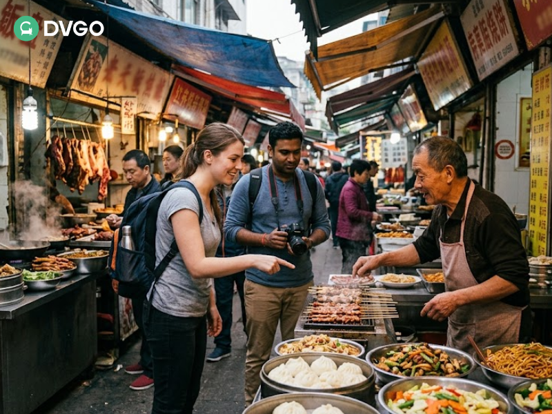 旅行者在中国体验真实的当地美食文化
