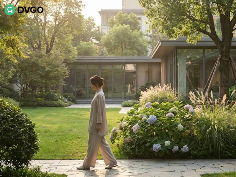 患者在深圳宁静的奢华康复休养花园中散步