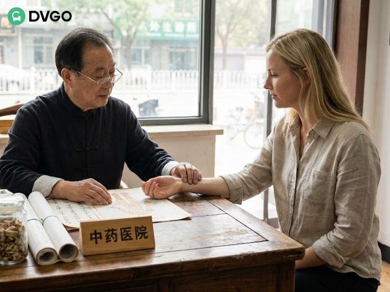 中医医生在中国诊所进行脉诊