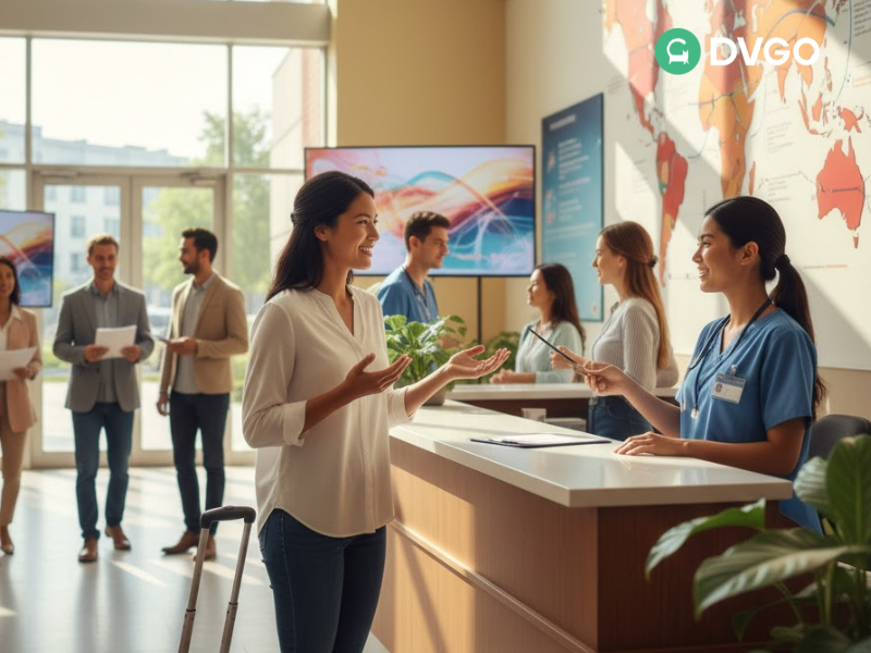 A female client with a suitcase checking in at a modern medical center reception desk with a world map wall decor and staff in blue uniforms.