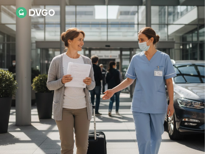 A nurse in a face mask guiding a female traveler with a suitcase and documents at a hospital entrance next to a parked transport vehicle.