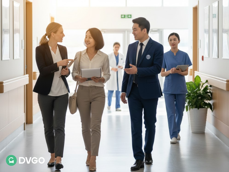 Three professionals in business attire walking and discussing work with a healthcare worker in blue scrubs in a bright medical facility hallway.