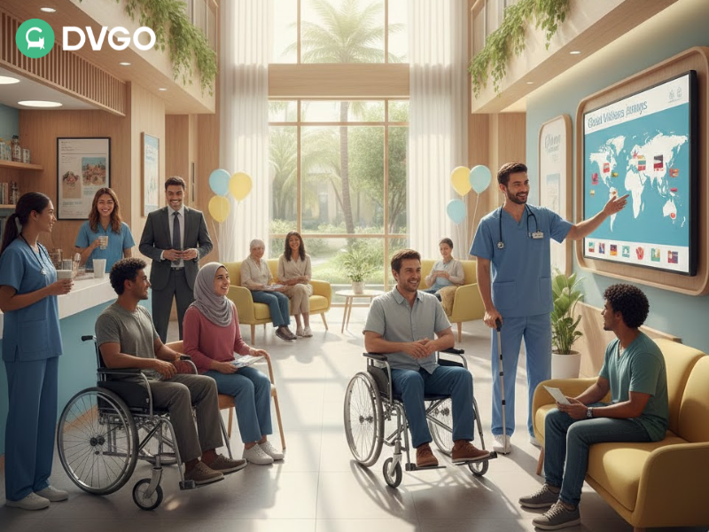 A bright and welcoming medical tourism hub where a doctor points to a global map on a digital screen,