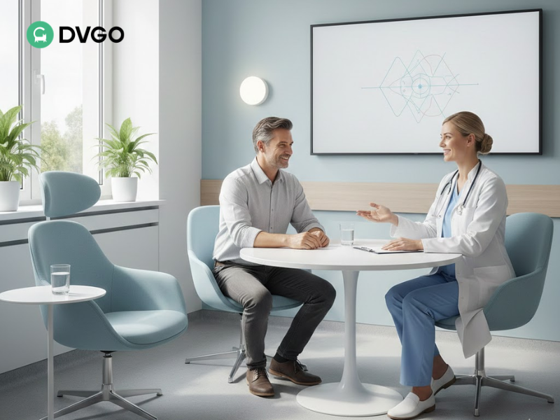 A doctor and a patient having a warm and friendly conversation.