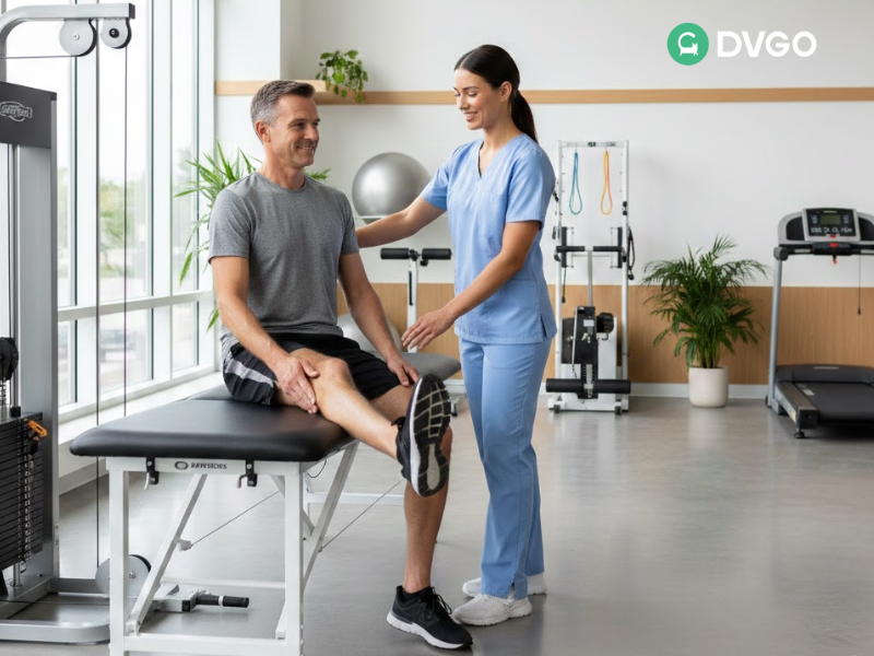 A middle-aged man undergoing physical therapy and knee rehabilitation with a professional therapist in a modern, bright clinic