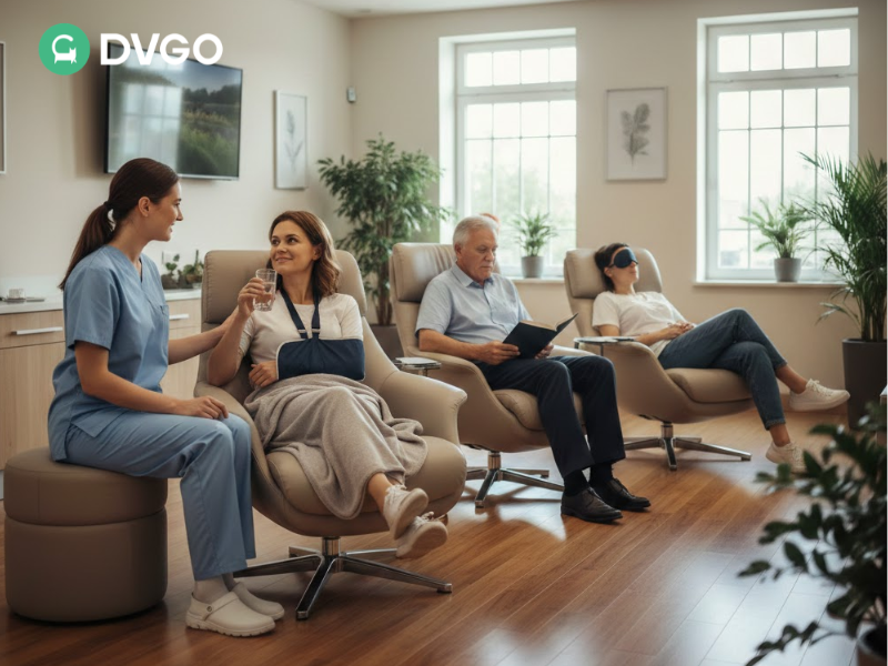 Patients relaxing in a modern, premium medical tourism recovery suite featuring ergonomic chairs and professional nursing care