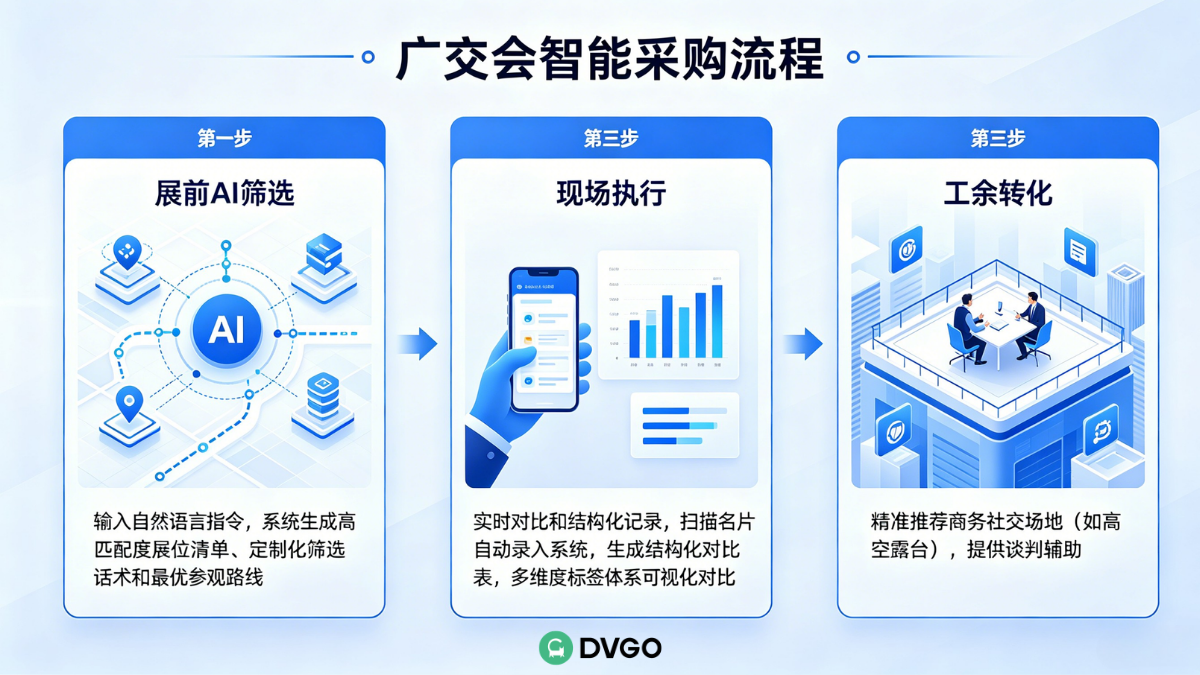 DVGO 广交会采购流程,AI 供应商筛选,工余社交转化,商务谈判效率提升