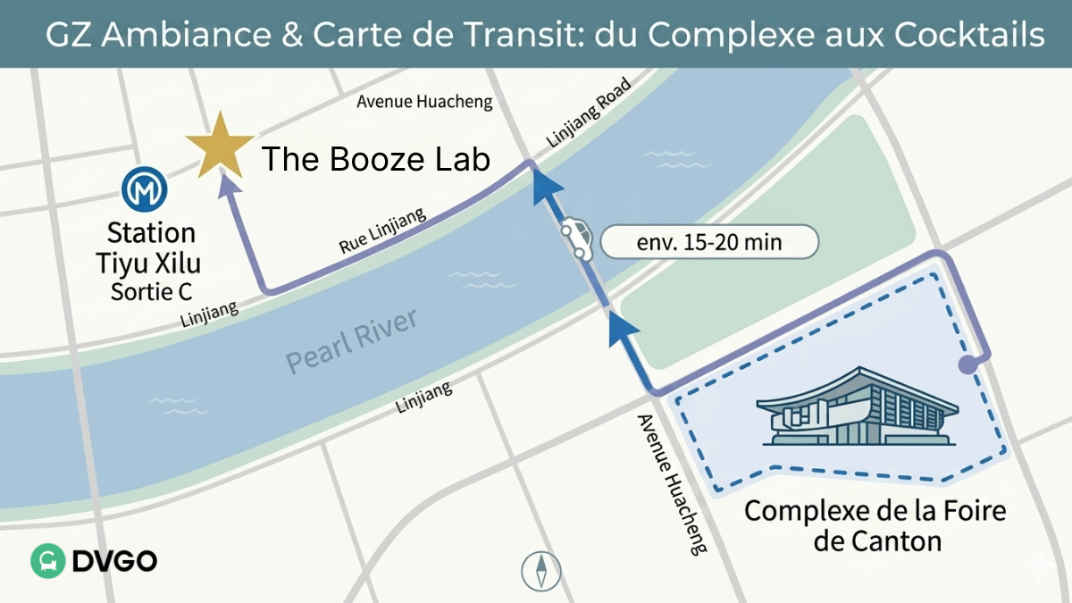 Guide de transport pour The Booze Lab : itinéraire de la Foire de Canton à Zhujiang New Town